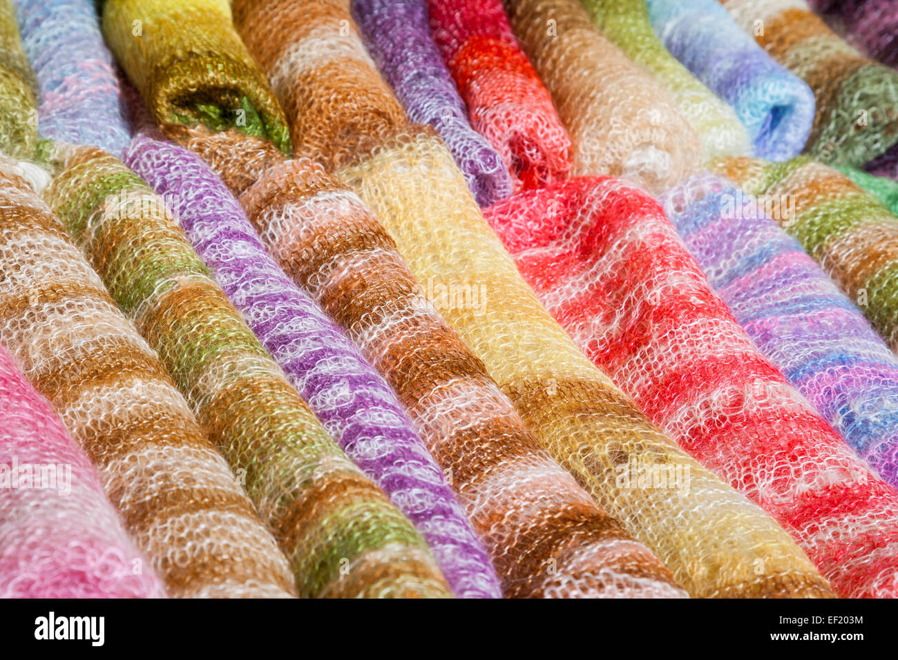 woolen colorful gentle folded shawls (scarfs) Stock Photo