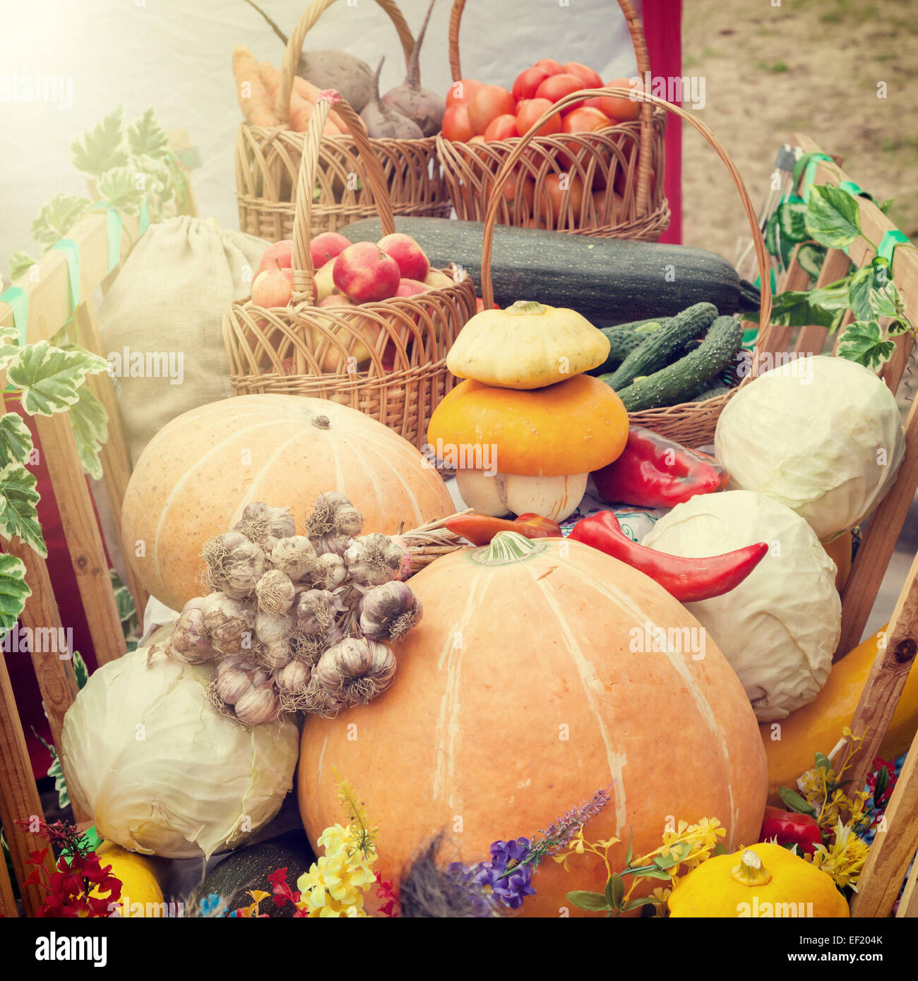 Harvested vegetables and fruits in wooden cart, autumn still life Stock ...