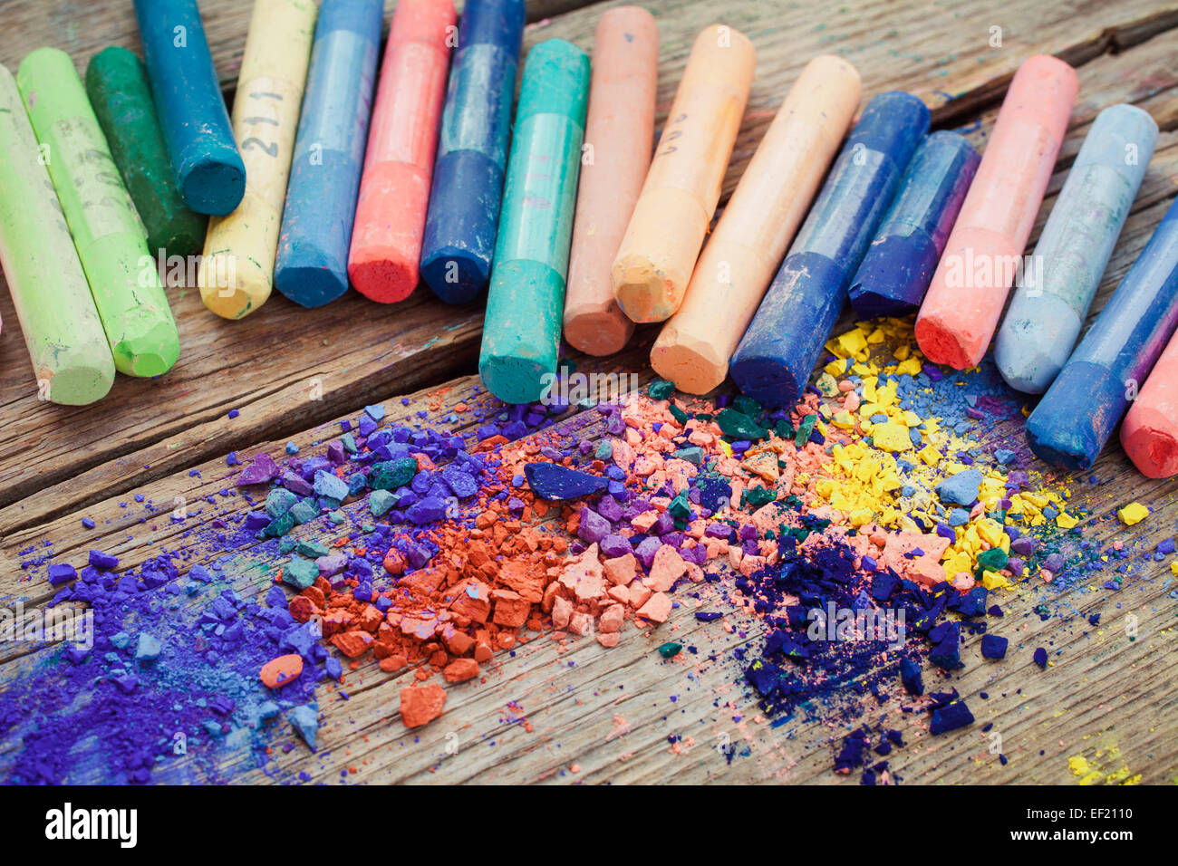 Collection of rainbow colored pastel crayons with pigment dust. Stock Photo