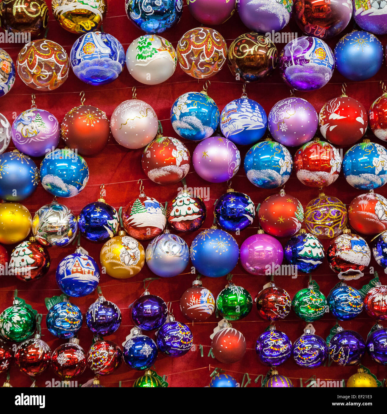 Christmas painted glass balls at Christmas Market in Moscow. Stock Photo