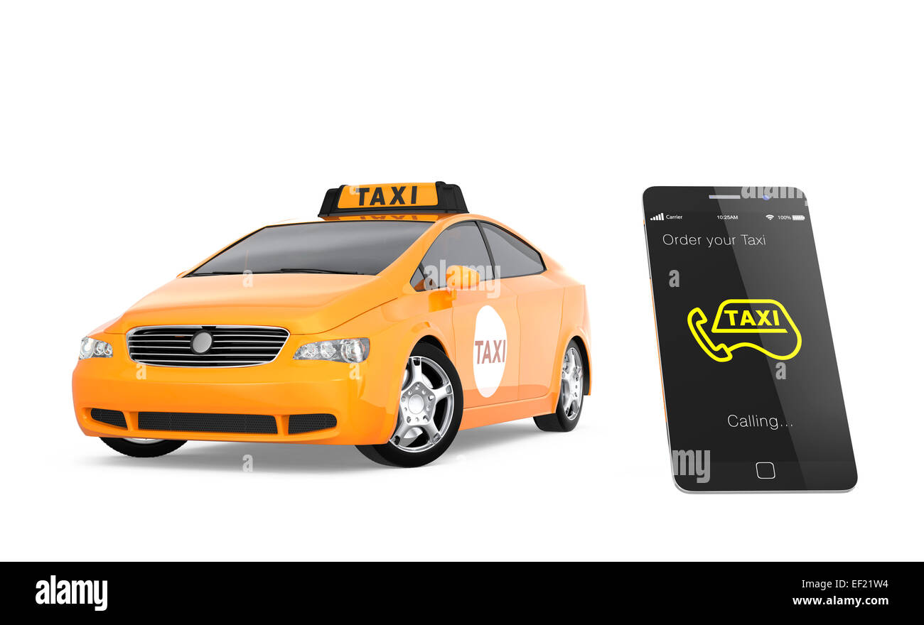 Yellow taxi and smart phone for mobile taxi order service concept Stock Photo