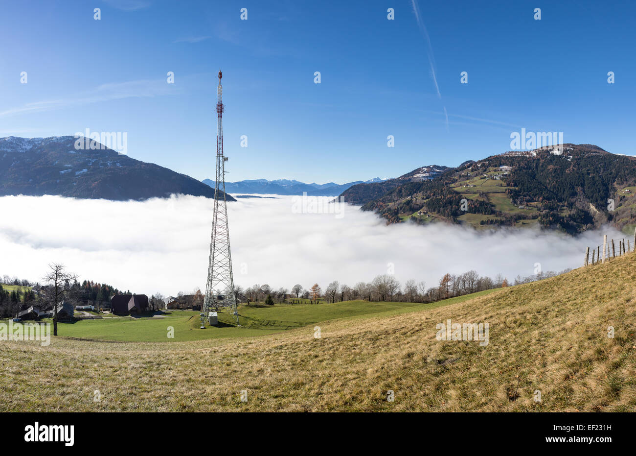 Autumn View Panorama Radenthein Mitterberg With Fog In The Valley Stock Photo