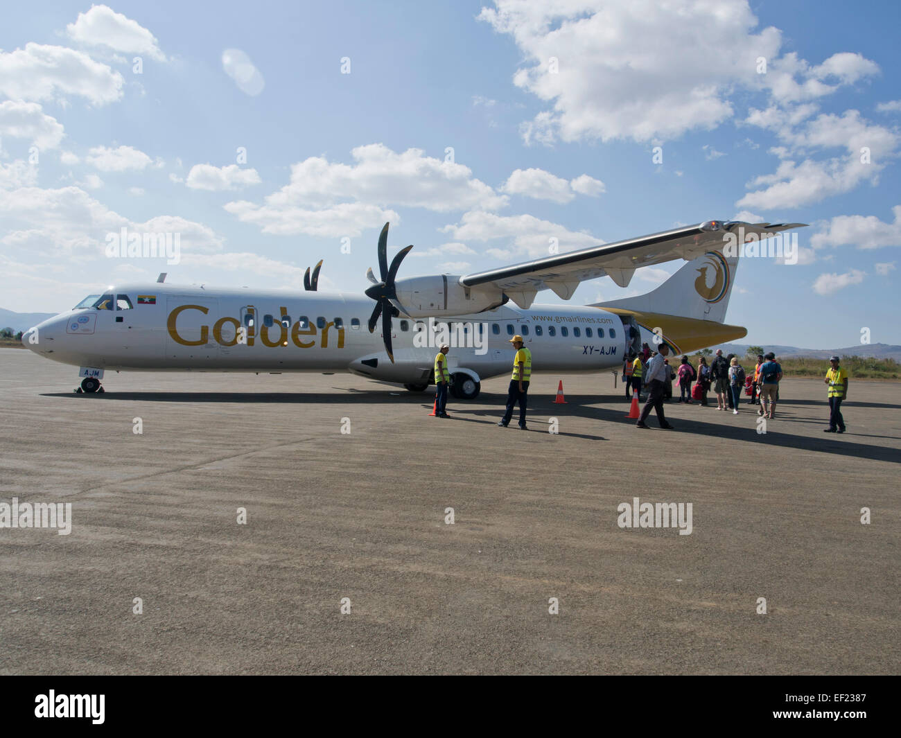 Golden Myanmar airlines airplane at Heho airport in Shan state, Myanmar Stock Photo