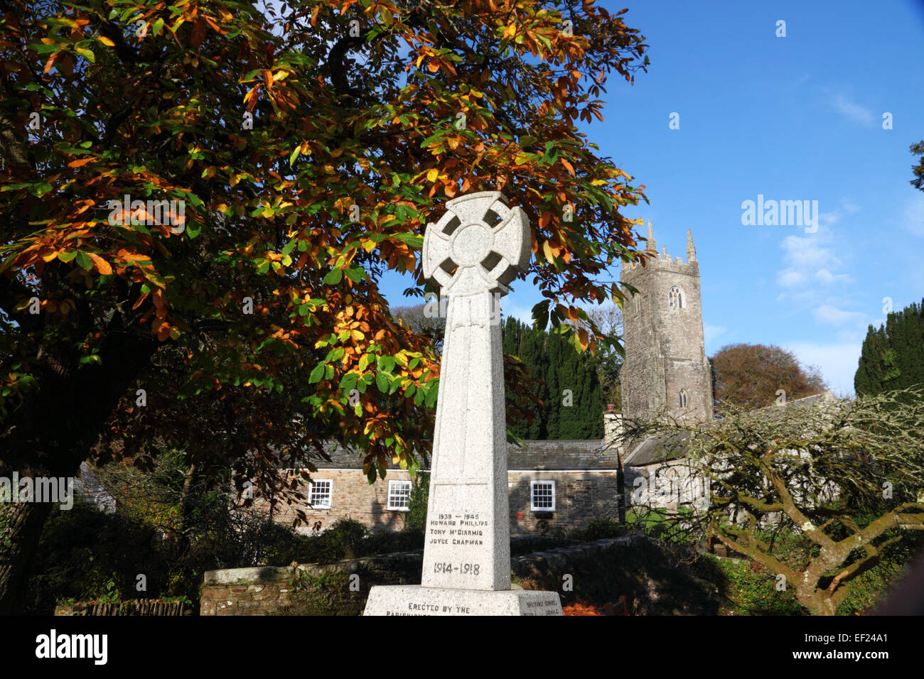 A Celtic Cross war memorial under a tree in autumn foliage and a church tower behind. Stock Photo