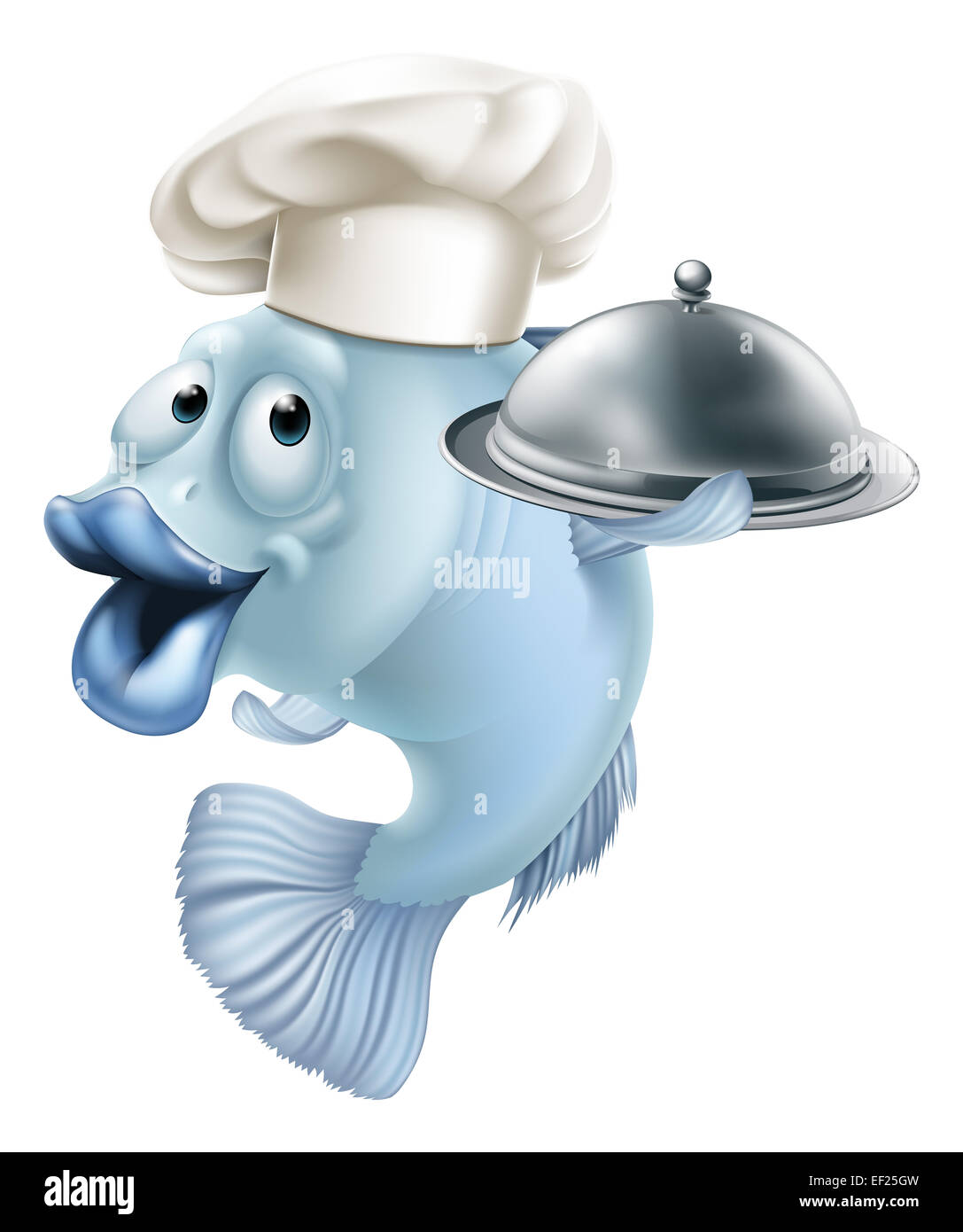 An illustration of a blue cartoon chef fish character holding a tray or platter cloche, seafood mascot concept Stock Photo