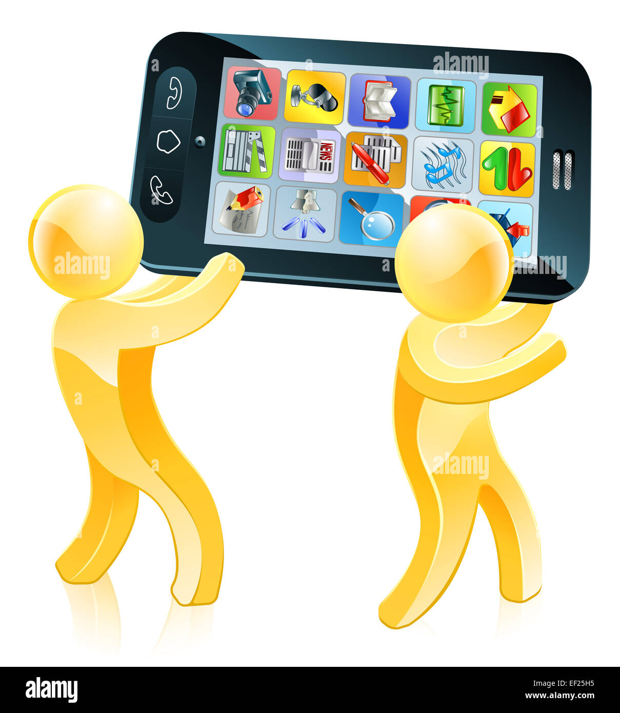 Mobile phone people illustration of two people carrying a giant mobile cell phone on their shoulders Stock Photo