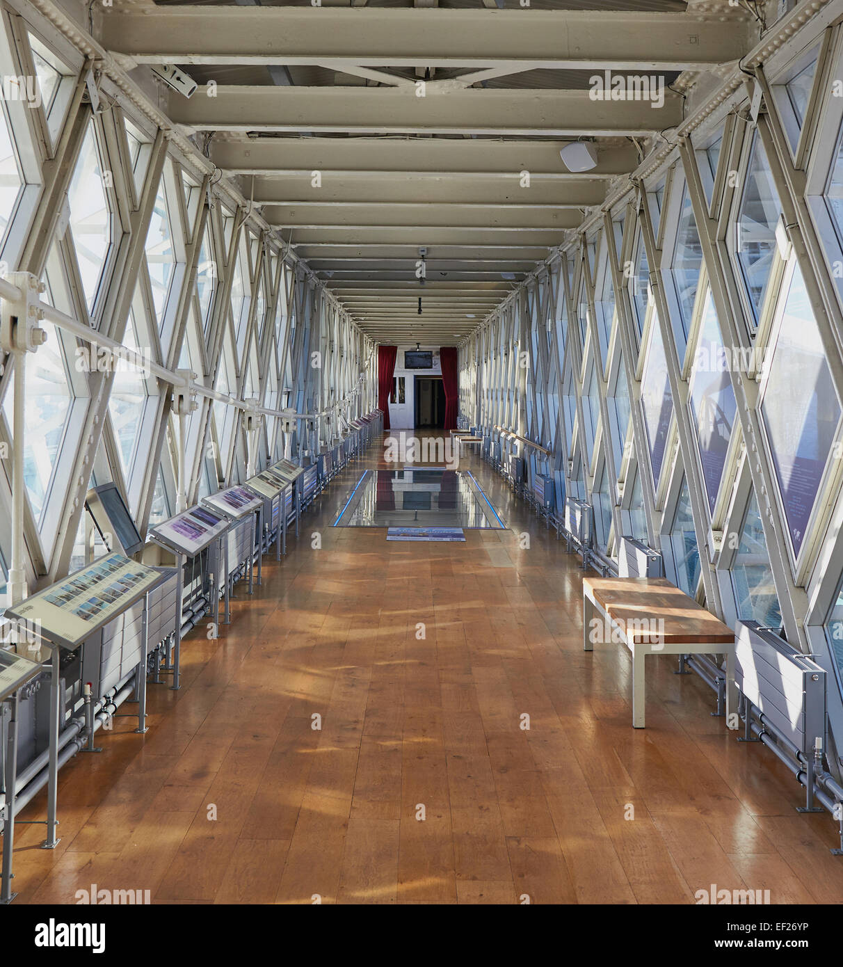 Inside Tower Bridge high level walkway with the new glass section 42 metres above river Thames London England Europe. Stock Photo