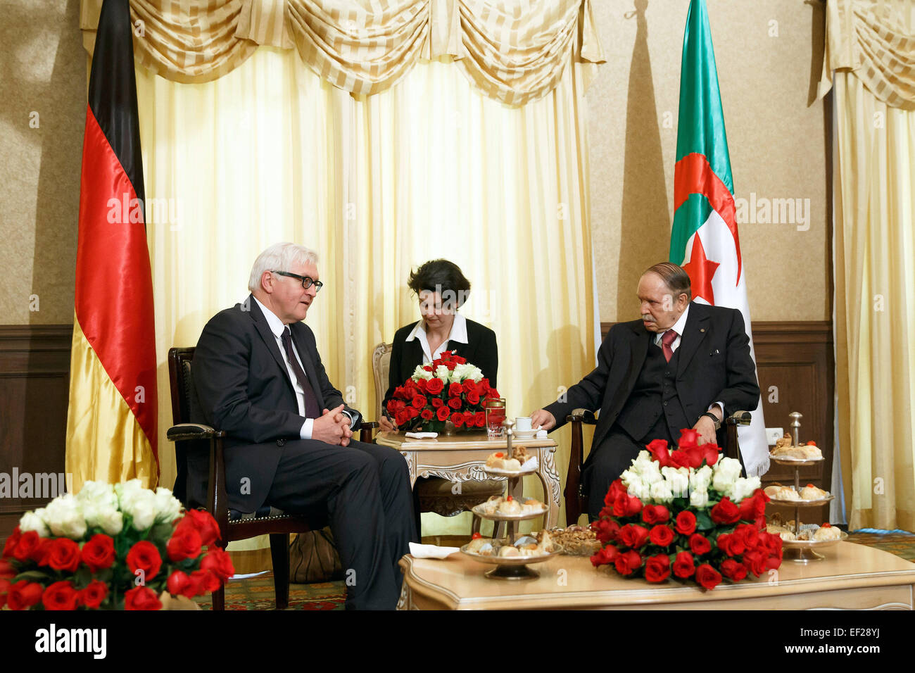 Algiers, Algeria. 25th Jan, 2015. HANDOUT - German Minister of Foreign Affairs (L) meets with Abdelaziz Bouteflika (R), President of Algeria in Algiers, Algeria, 25 January 2015. Photo: Thomas Trutschel/ photothek.net/dpa/Alamy Live News Stock Photo