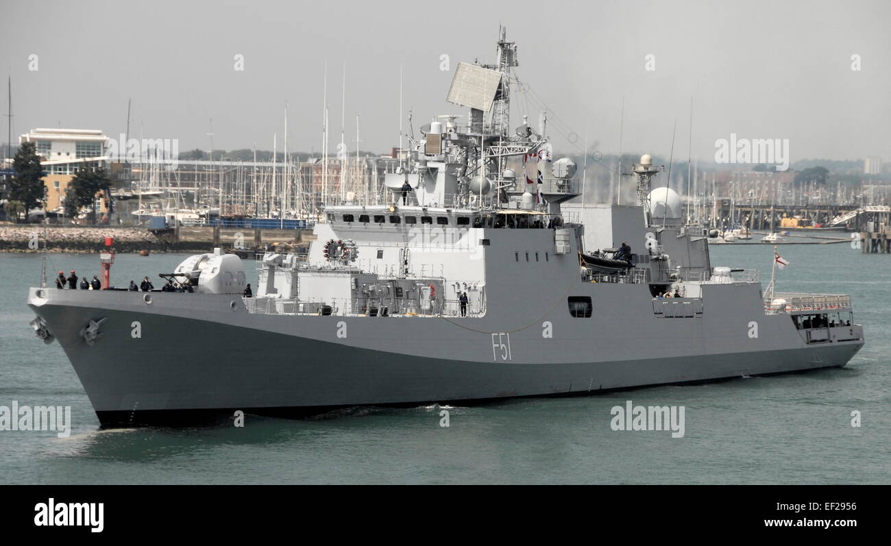 AJAXNETPHOTO. 16TH JULY, 2013. PORTSMOUTH, ENGLAND. - NEW INDIAN FRIGATE - INS TRIKAND, A TALWAR CLASS GUIDED MISSILE FRIGATE, WAS COMMISSIONED INTO THE INS ON 29TH JUNE 2013 AND IS SEEN LEAVING THE NAVAL BASE AFTER HER FIRST COURTESY VISIT. PHOTO:TONY HOLLAND/AJAX REF:DTH 131607 4375 Stock Photo