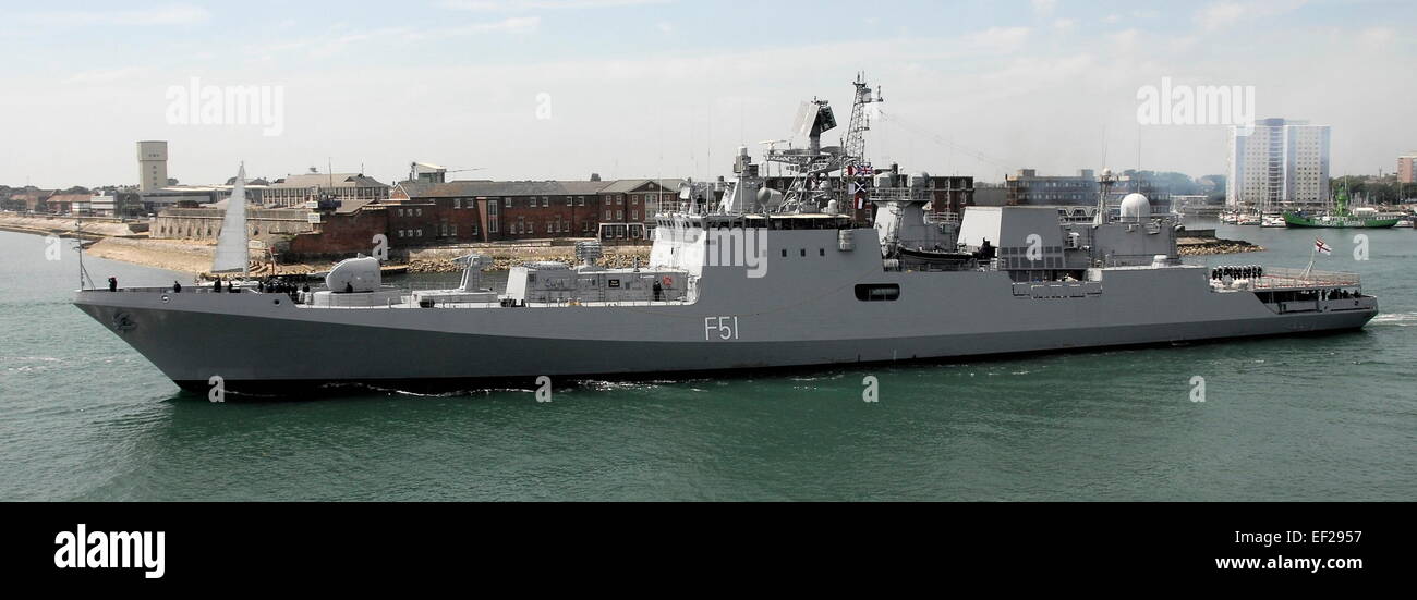 AJAXNETPHOTO. 16TH JULY, 2013. PORTSMOUTH, ENGLAND. - NEW INDIAN FRIGATE - INS TRIKAND, A TALWAR CLASS GUIDED MISSILE FRIGATE, WAS COMMISSIONED INTO THE INS ON 29TH JUNE 2013 AND IS SEEN LEAVING THE NAVAL BASE AFTER HER FIRST COURTESY VISIT. PHOTO:TONY HOLLAND/AJAX REF:DTH 131607 4386 Stock Photo