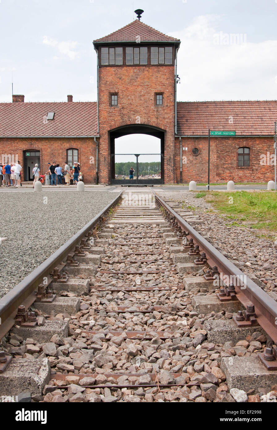 Gate to Birkenau concentration camp at Auschwitz-Birkenau Memorial State Museum. Stock Photo