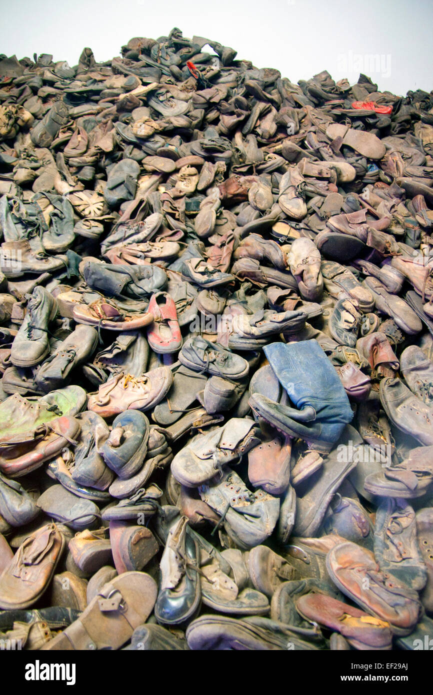 Shoes of victims displayed at Auschwitz camp of Auschwitz-Birkenau Memorial State Museum. Stock Photo