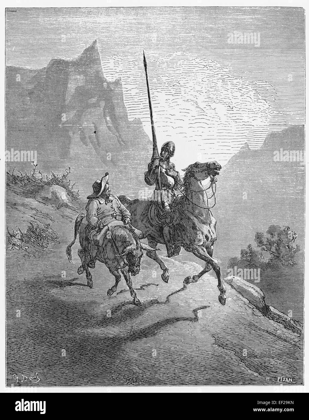 Don Quijote and Sancho Panza - Picture from The History of Don Quixote book, published in 1880, London - UK. Drawings by Gustave Stock Photo