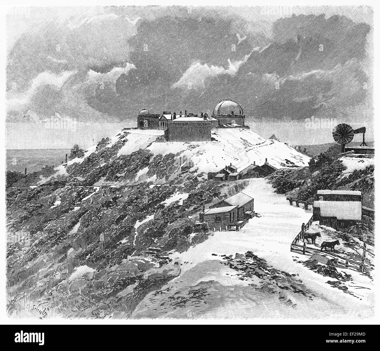 Vintage drawing of Mount Hamilton observatory in California at the beginning of 20th century Stock Photo