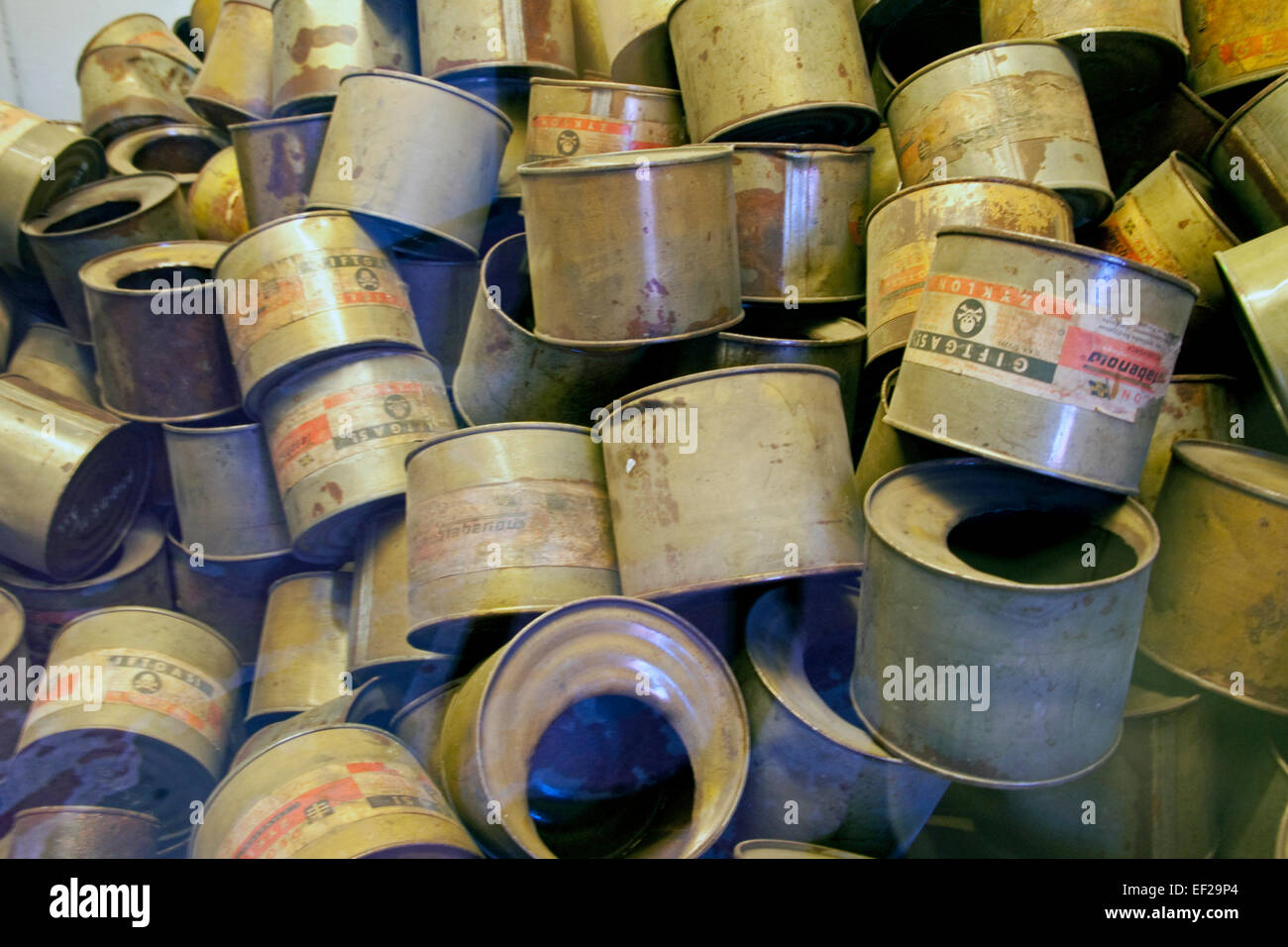 Empty gas cannisters displayed at Auschwitz camp of Auschwitz-Birkenau Memorial State Museum. Stock Photo
