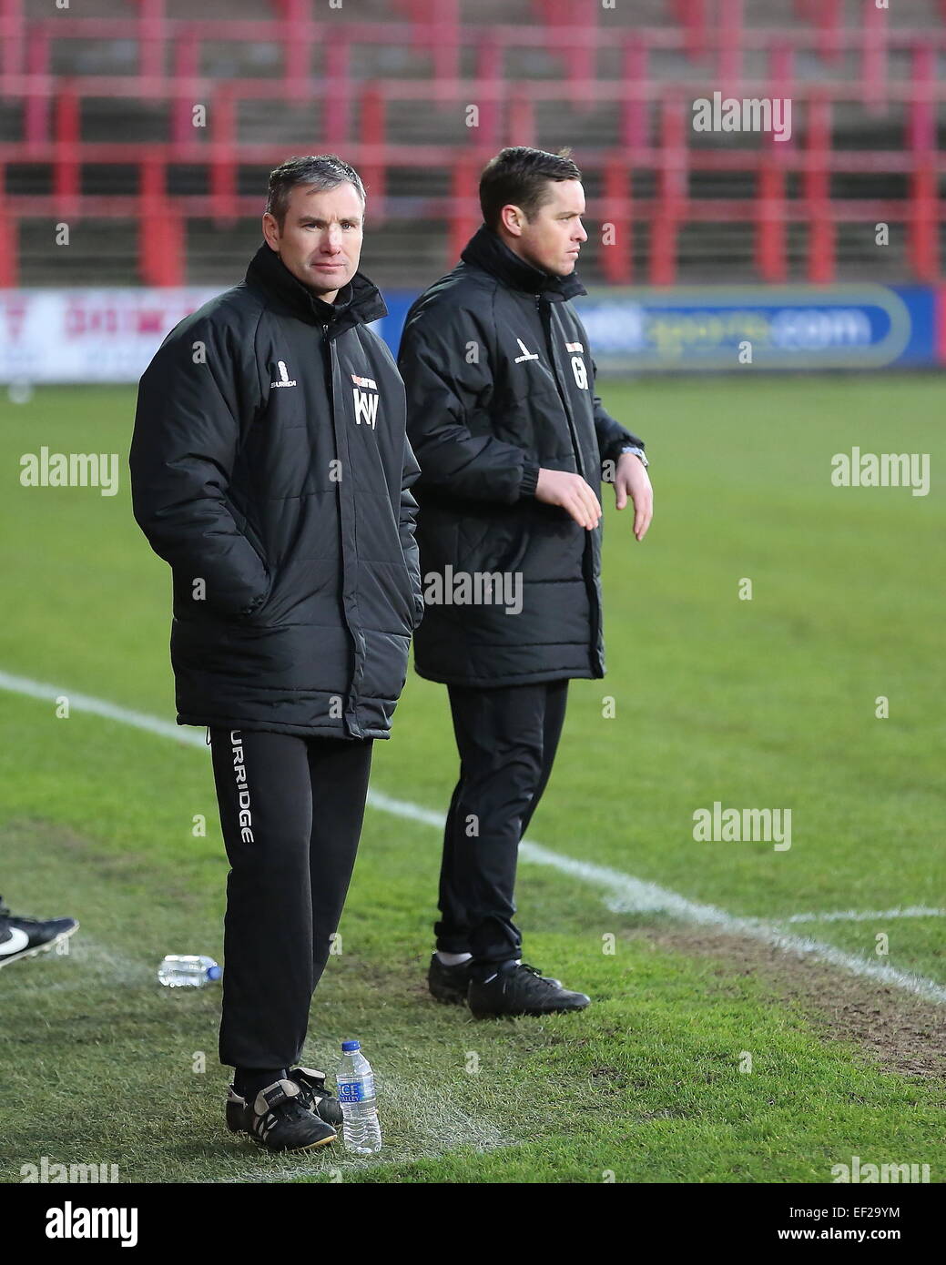 Wrexham, Wales, UK. 24th Jan, 2015. Under pressure Wrexham manager Kevin Wilkin in the Home dugout as Wrexham drew with Gateshead in the FA Trophy 3rd Round at The Racecourse Stadium, Wrexham, Wales Credit:  Simon Newbury/Alamy Live News Stock Photo