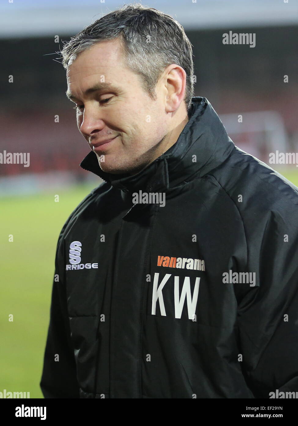 Wrexham, Wales, UK. 24th Jan, 2015. Under pressure Wrexham manager Kevin Wilkin after Wrexham drew with Gateshead in the FA Trophy 3rd Round at The Racecourse Stadium, Wrexham, Wales Credit:  Simon Newbury/Alamy Live News Stock Photo