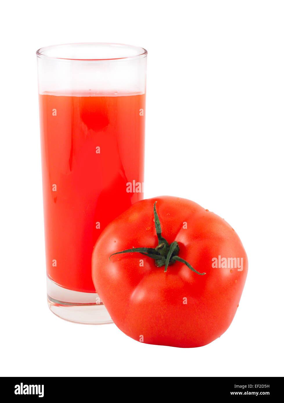 Juice and one tomato isolated on white background Stock Photo