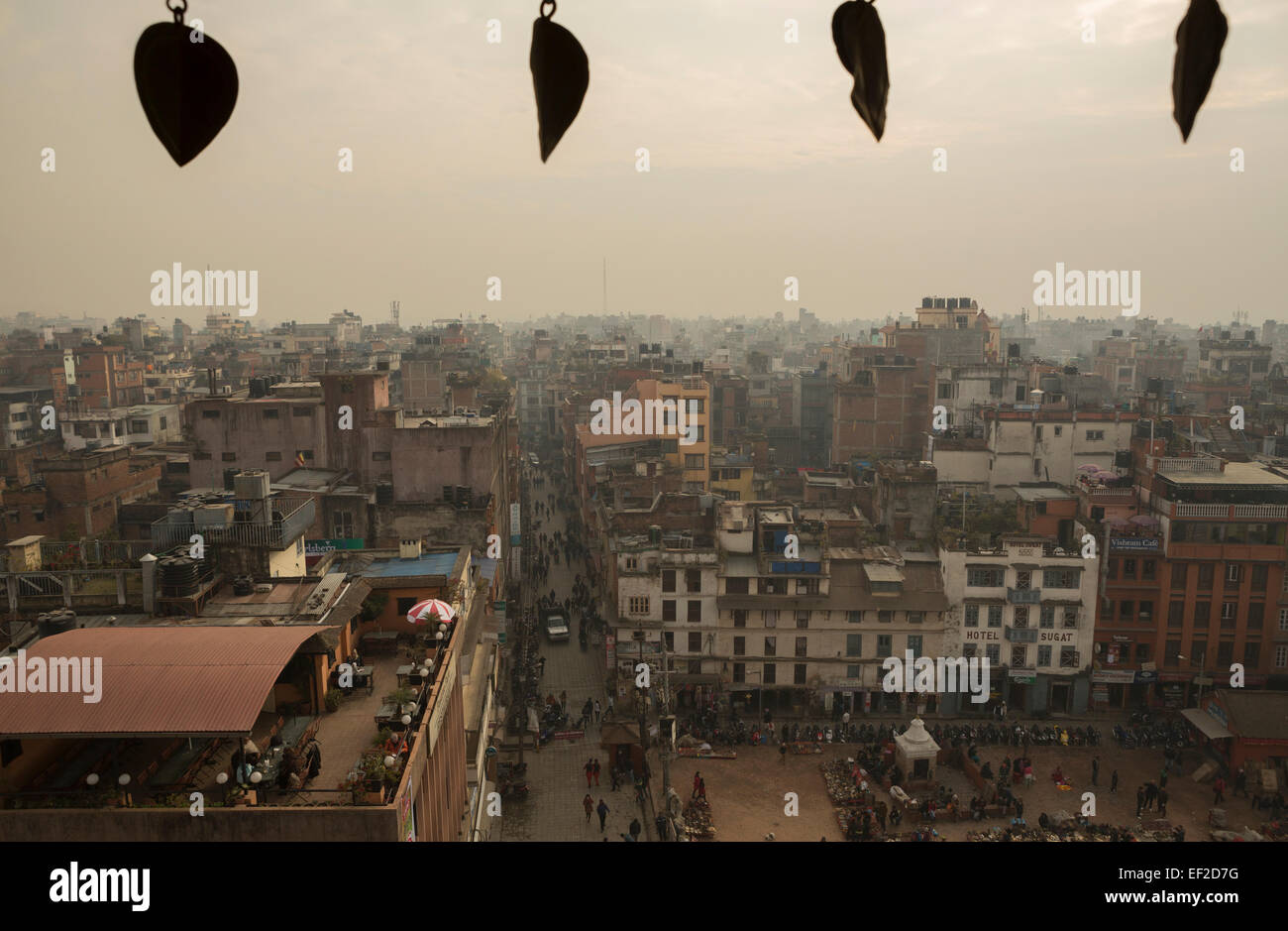 Streets and buildings of polluted downtown Kathmandu, Nepal. Stock Photo