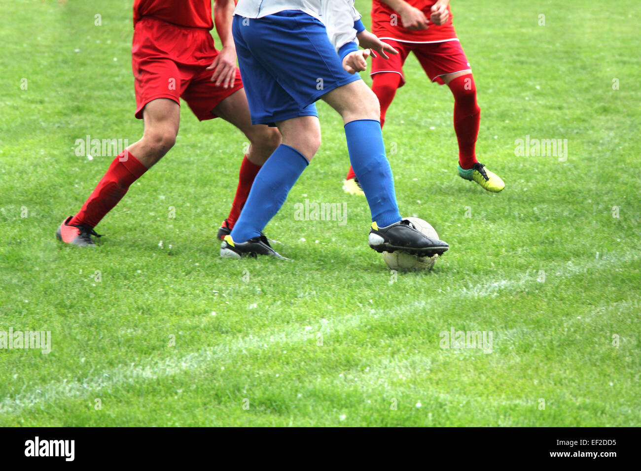 Soccer or football players in action on the field, blurred in motion Stock Photo