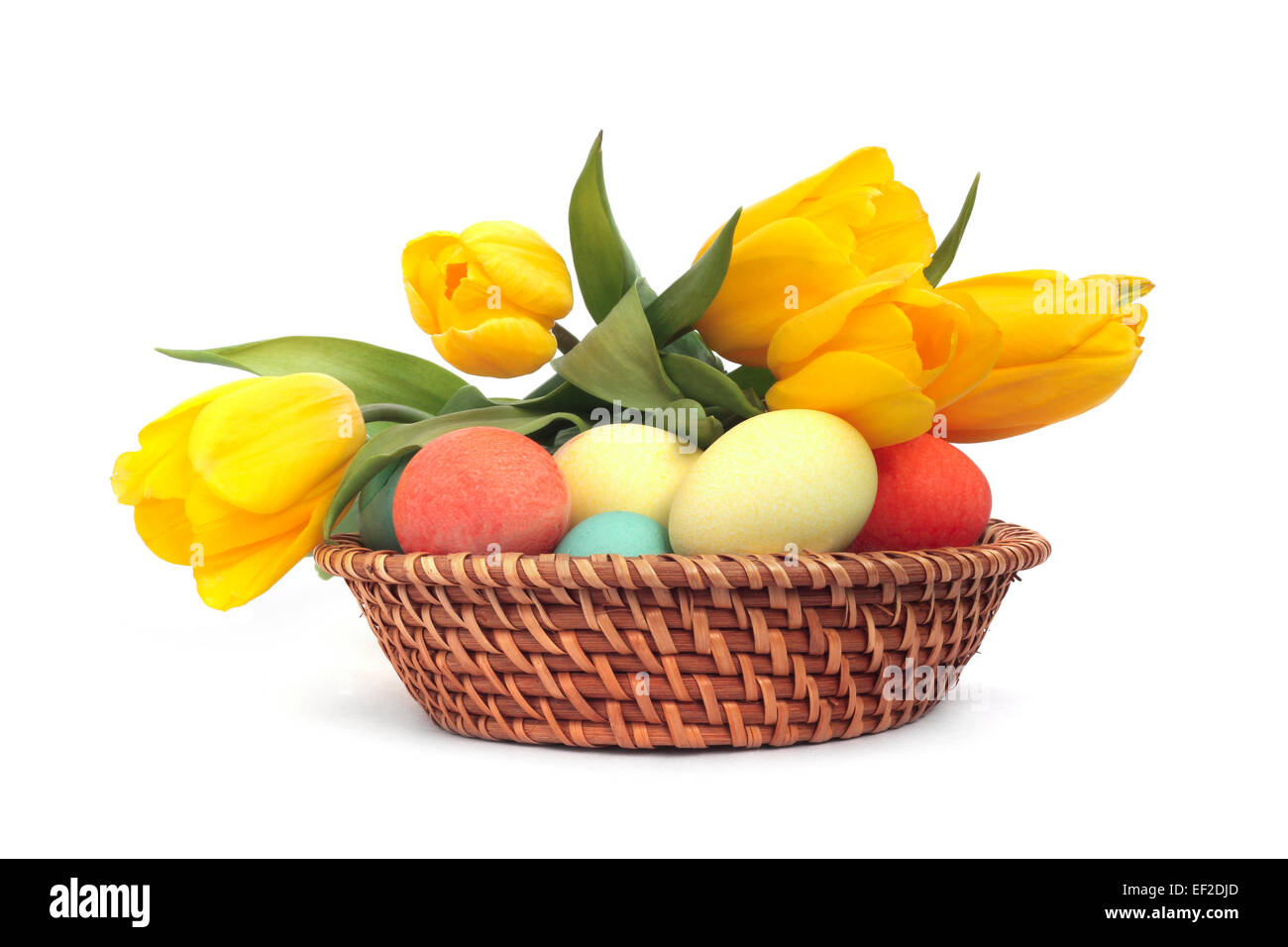 Colorful easter eggs in basket and tulips isolated on white Stock Photo