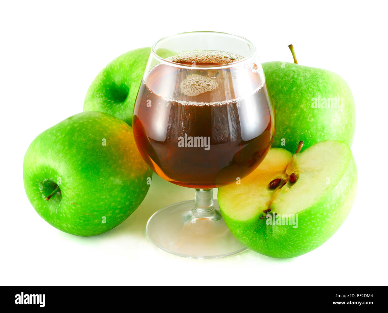 Apple juice with three and half apples isolated on white Stock Photo