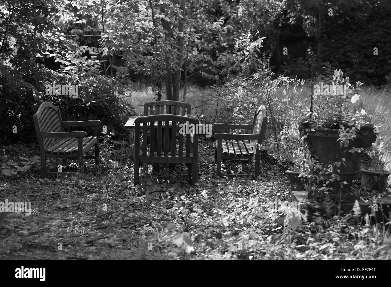 Garden furniture on an abandonned terrace Stock Photo