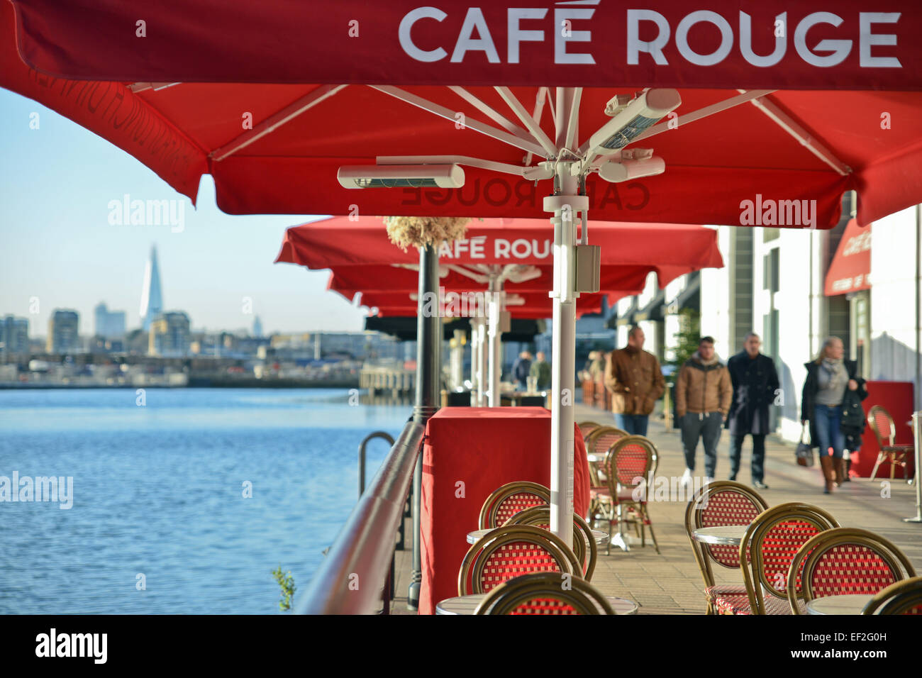 selective focus of outside eating area at canary wharf London UK Stock Photo