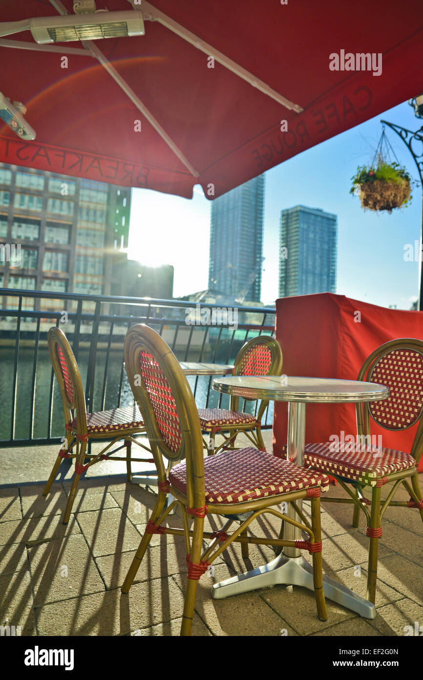 selective focus of outside eating area at canary wharf London UK Stock Photo