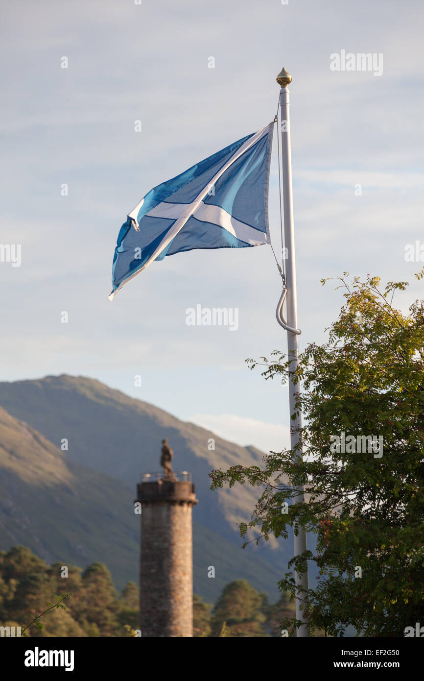 Scottish flag at the monument of Bonnie Prince Charlie in Glenfinnan, Scotland Stock Photo