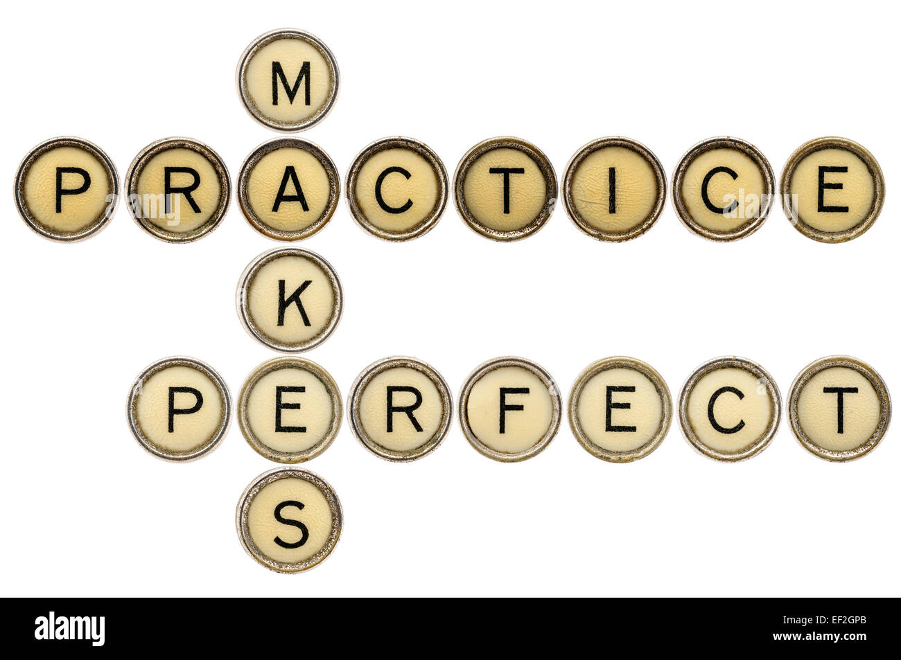 practice makes perfect croosword in old round typewriter keys isolated