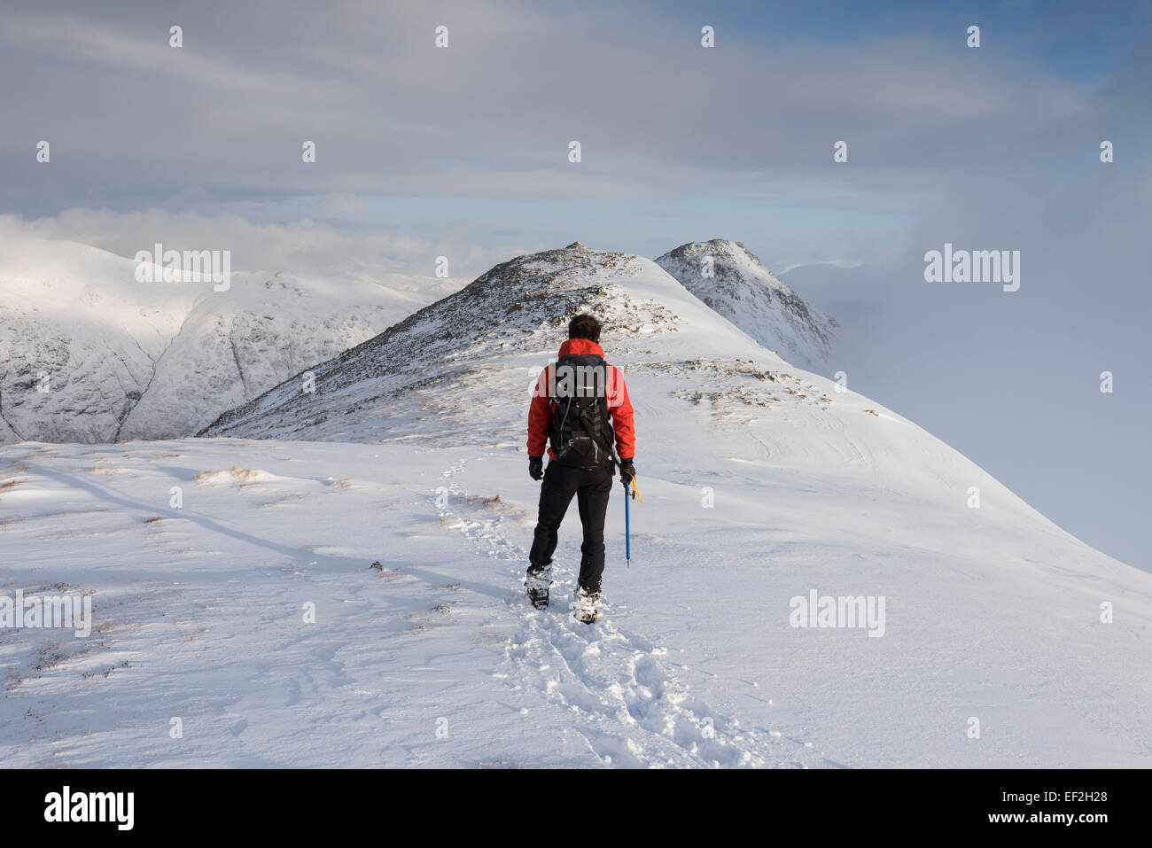 Walker on the ridge of Buachaille Etive Beag in winter, Glencoe, Scottish Highlands, Scotland Stock Photo