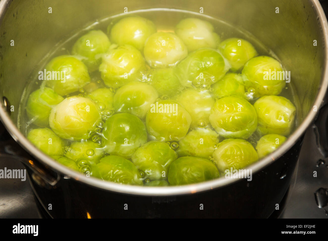 Close up view of a pot full of green Brussels sprouts (Brassica