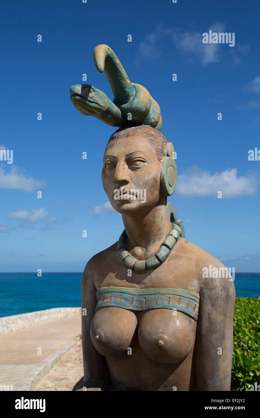 Statue, Ixchel, Maya Goddess of the Moon and Fertility, Punta Sur, Isla Mujeres, Quintana Roo, Mexico Stock Photo