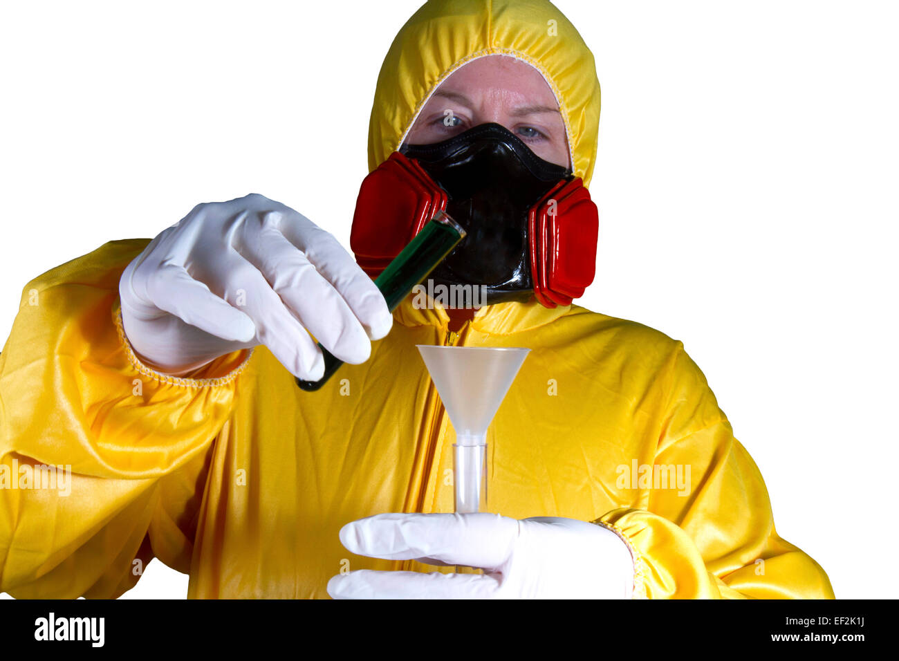 Woman dressed in HazMat suit with gas mask and shield with test tube Stock Photo