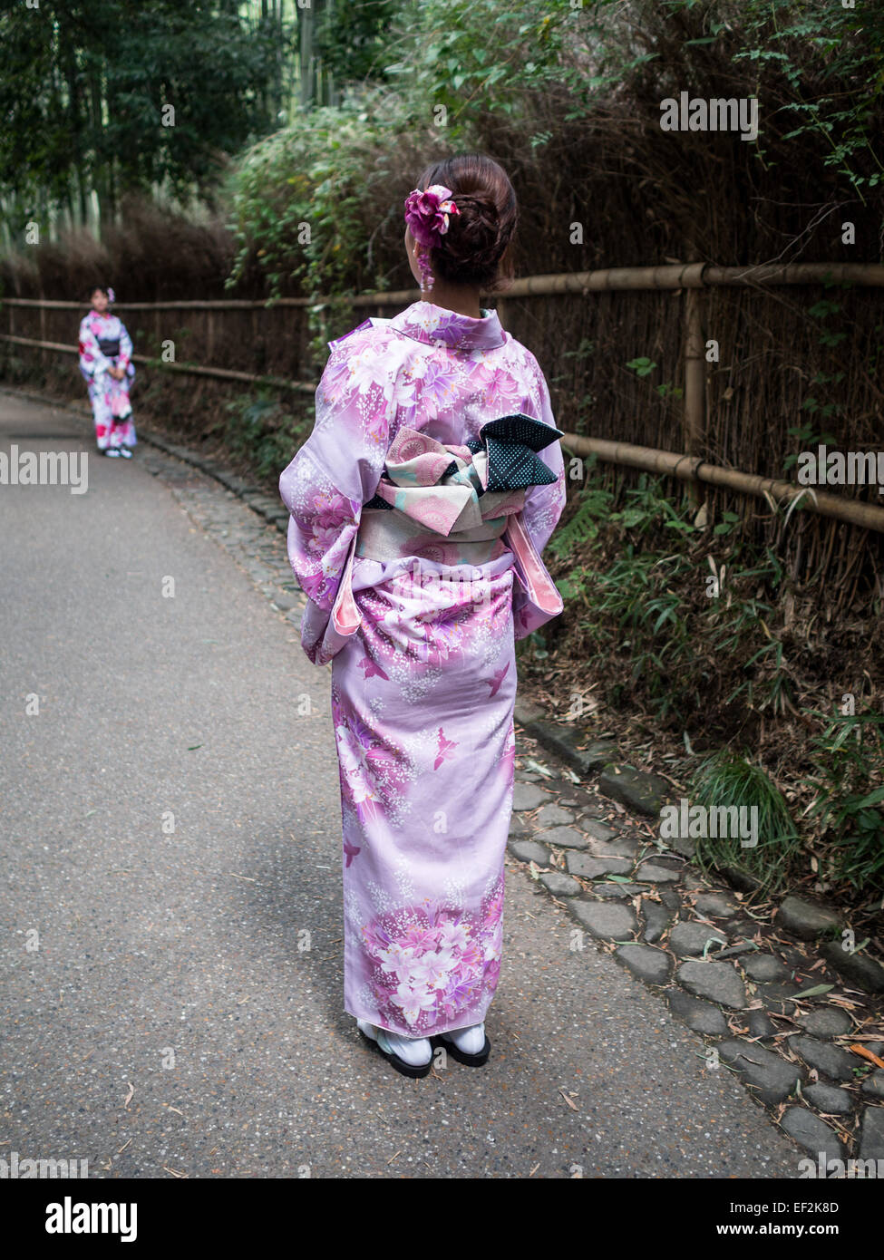 Taking pictures in Geisha costume at Arashiyama bamboo grove Stock Photo