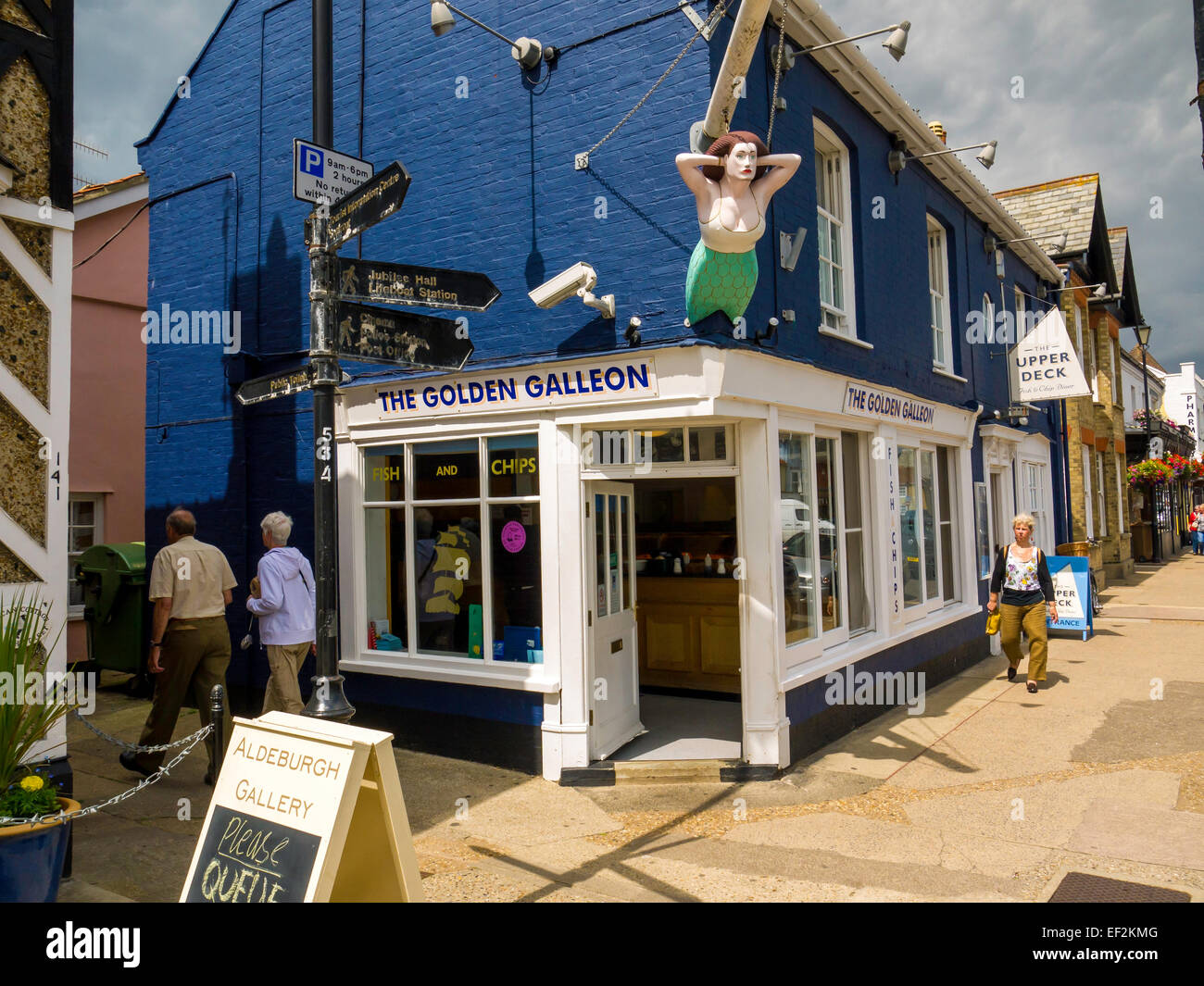 The Golden Galleon fish and chip shop with  a bust mermaid ships figurehead in Aldeburgh, Suffolk UK Stock Photo