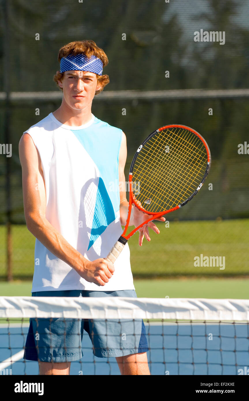 Tennis player alone on a court Stock Photo