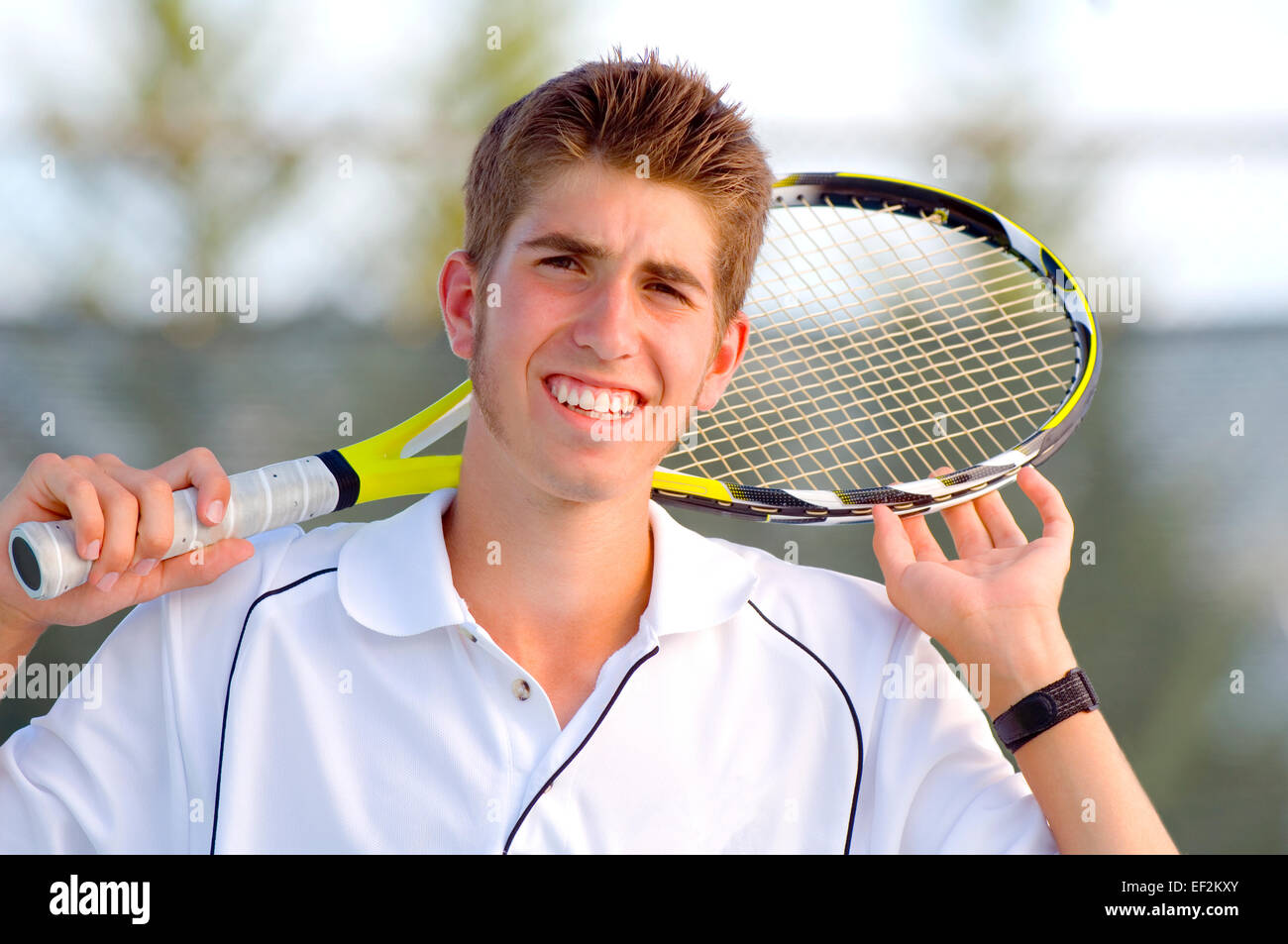 Tennis player alone on a court Stock Photo