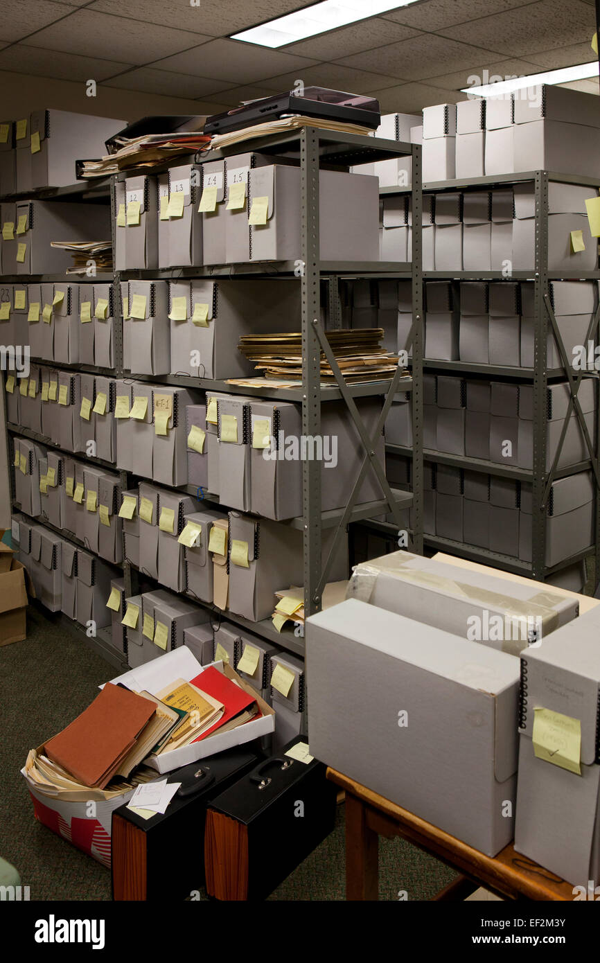File storage containers stacked in office file room USA Stock Photo