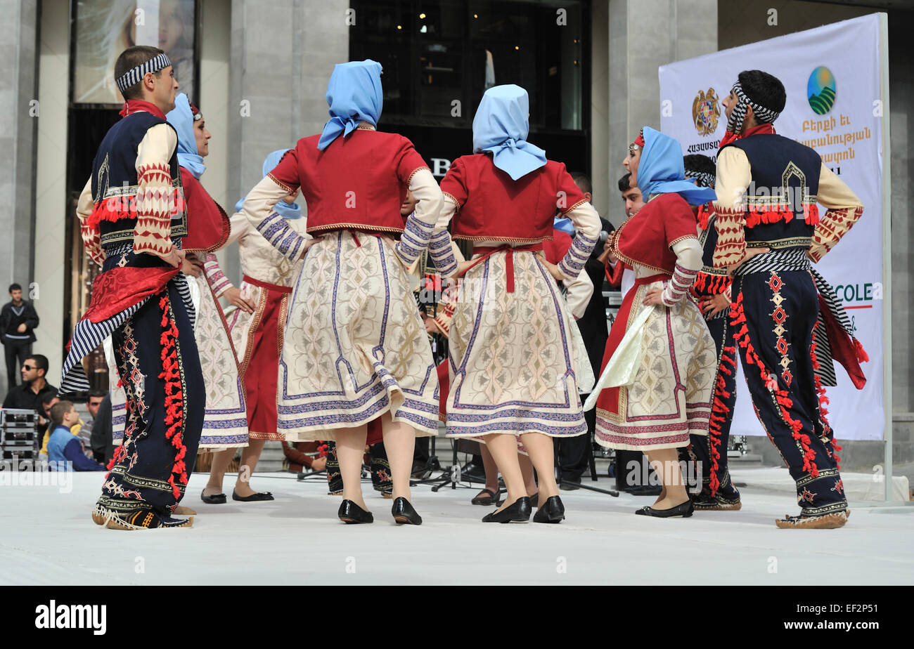Folk dancers performing on stage during the City Day festival, Yerevan, Armenia Stock Photo