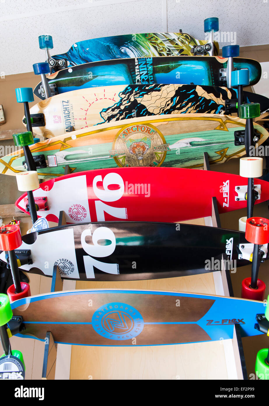 Low angle perspective of a longboard skateboard display Stock Photo