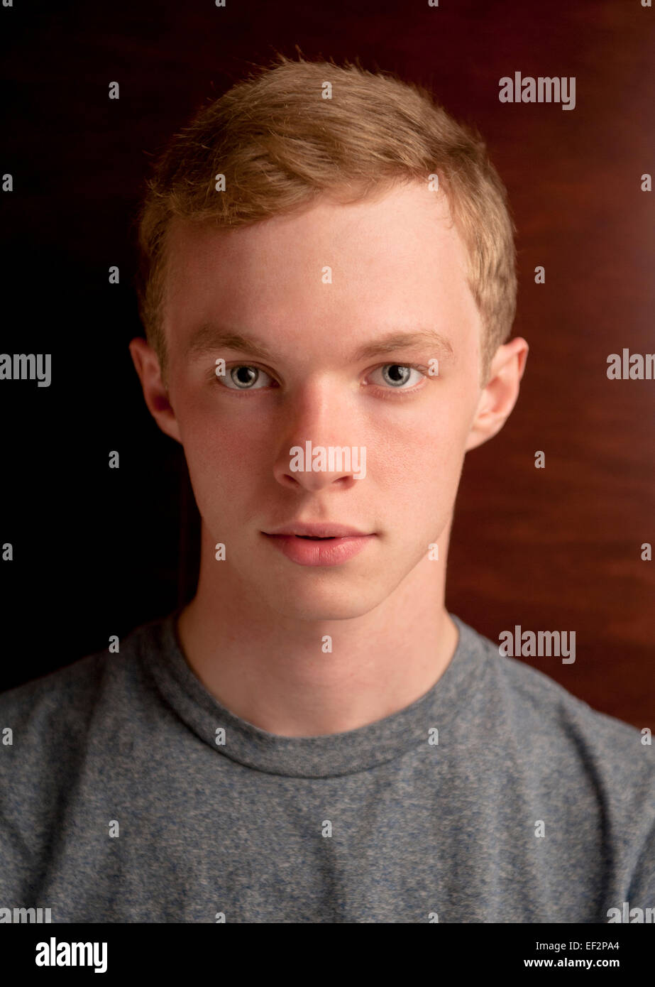 A head shot portrait of a young man 19 nineteen years old, White Caucasian Male. Stock Photo