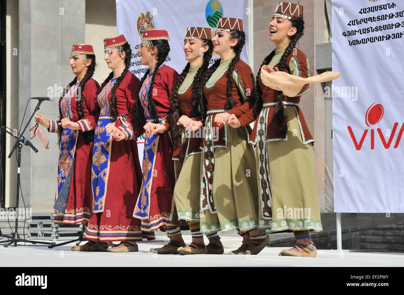 Folk dancers performing on stage during the City Day festival, Yerevan, Armenia Stock Photo