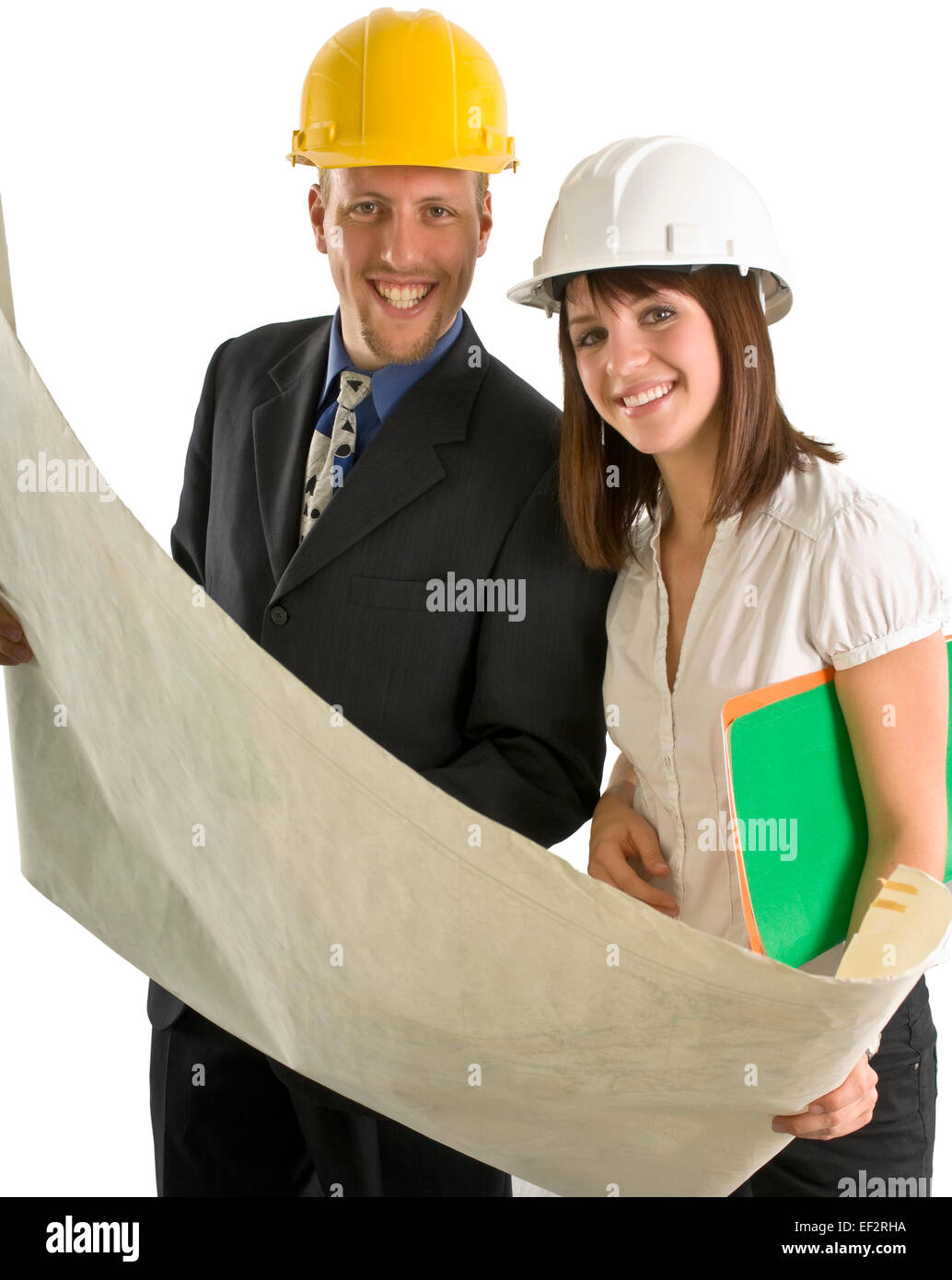 Two architects looking at blueprints Stock Photo