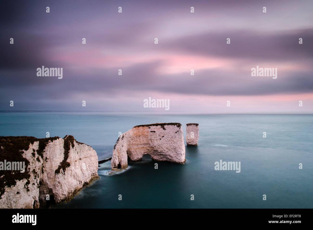 Sunrise at Old Harry Rocks, Swanage, Dorset, United Kingdom Stock Photo