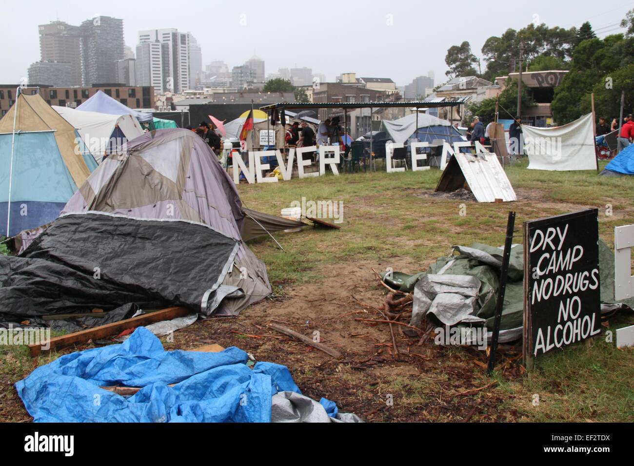 Sydney, Australia. 26 January 2015. Aboriginal Australians and their supporters marched from The Block, Redfern to Victoria Park Camperdown where they joined the Yabun event. The rally was called ‘Never Ceded! Always was Always will be Aboriginal land! Invasion Day Rally’. Pictured is the Aboriginal Tent Embassy at The Block. Credit: Copyright Credit:  2015 Richard Milnes / Alamy Live News Stock Photo