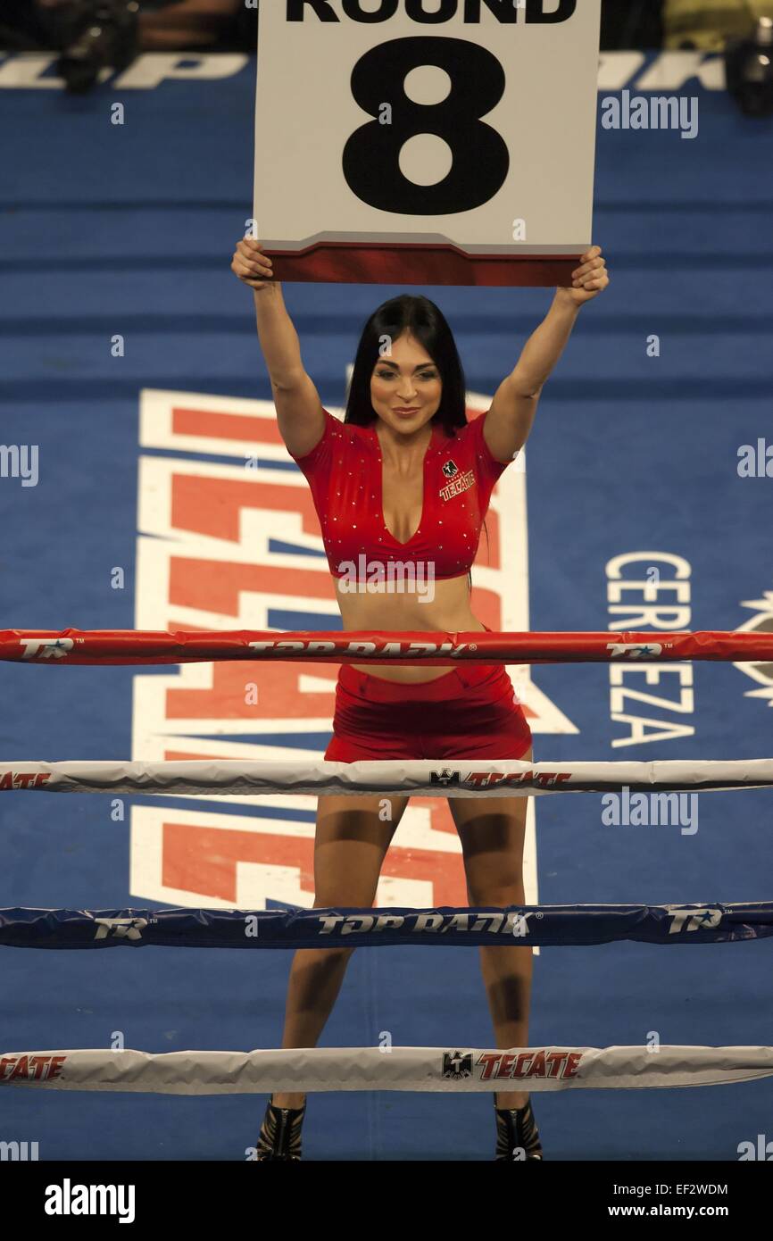Broomfield, Colorado, USA. 24th Jan, 2015. A Tecate Beer Round Girl entertains the crowd at the beginning of the 8th. round at the 1st. Bank Center in Broomfield, CO Saturday night. RAMIREZ wins by a Unanimous Decision after 10 rounds. © Hector Acevedo/ZUMA Wire/Alamy Live News Stock Photo