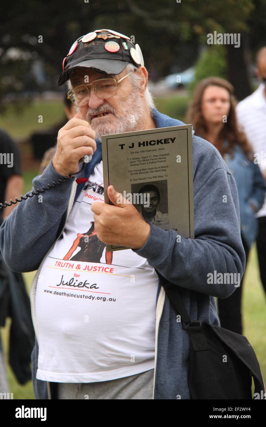 Sydney, Australia. 26 January 2015. Aboriginal Australians and their supporters marched from The Block, Redfern to Victoria Park Camperdown where they joined the Yabun event. The rally was called ‘Never Ceded! Always was Always will be Aboriginal land! Invasion Day Rally’. Pictured is Ray Jackson speaking in Victoria Park, Camperdown at the end of the march. He speaks about the upcoming march for TJ Hickey and the permanent plaque that they want to have put up but which the police have disallowed due to a disagreement over the wording and who was to blame for his death. Credit: Copyright © 201 Stock Photo