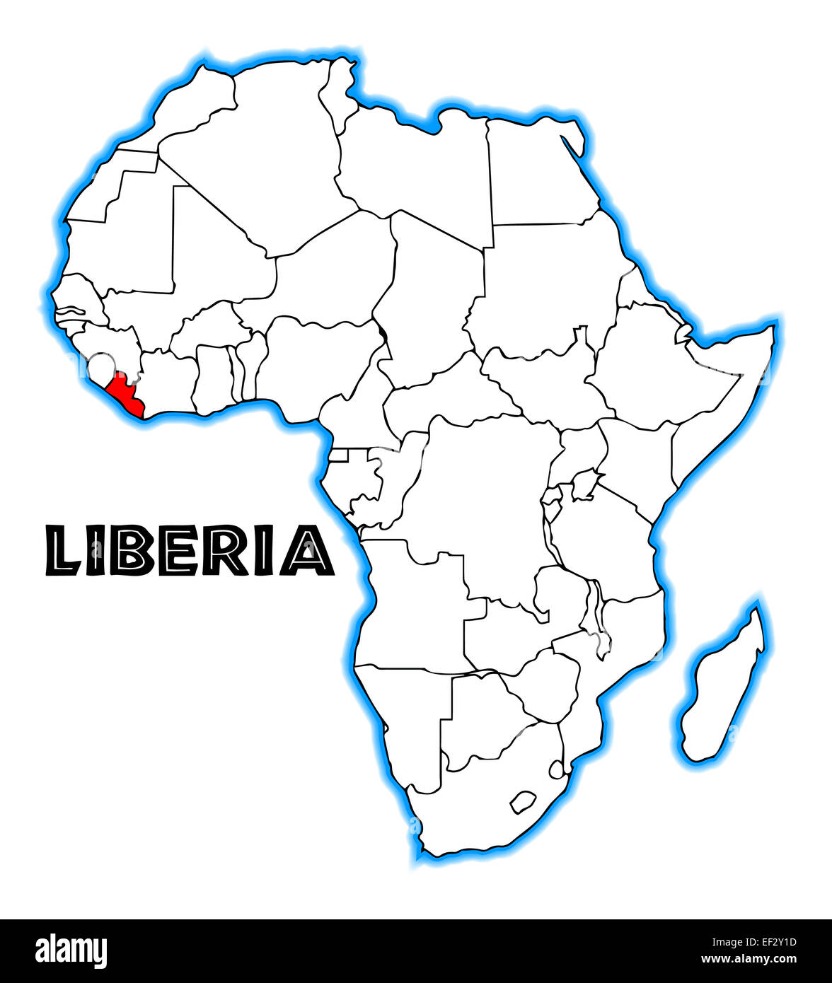 Liberia outline inset into a map of Africa over a white background Stock Photo